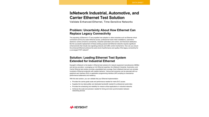 IxNetwork Industrial, Automotive, and Carrier Ethernet Test Solution